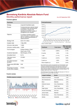 Bennelong Kardinia Absolute Return Fund Monthly Performance Report As at 30 September 2020