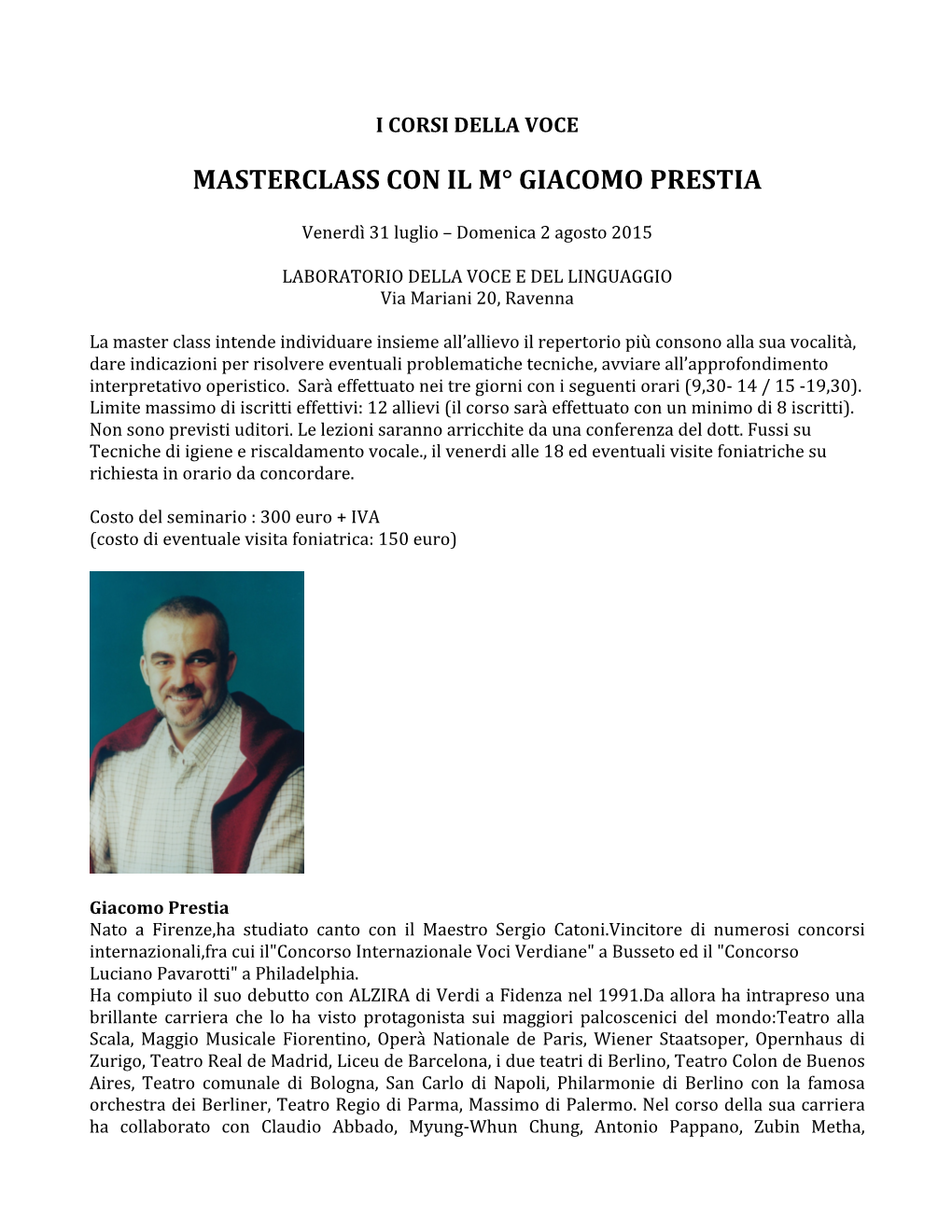Masterclass Con Il M° Giacomo Prestia