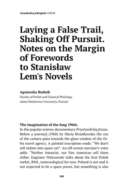 Laying a False Trail, Shaking Off Pursuit. Notes on the Margin of Forewords to Stanisław Lem's Novels