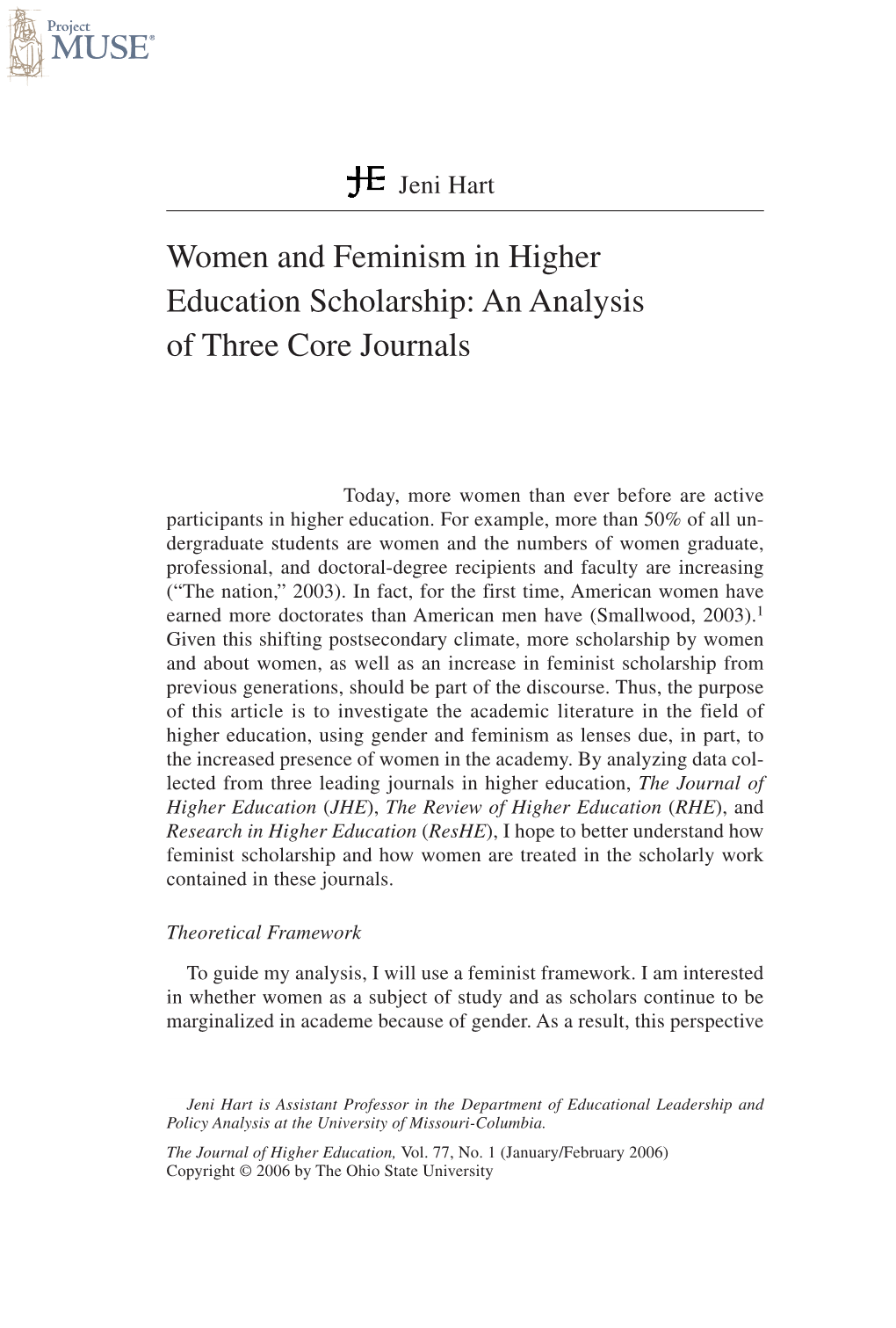 Women and Feminism in Higher Education Scholarship: an Analysis of Three Core Journals