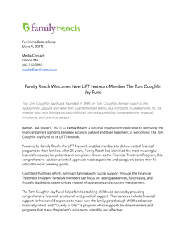 Family Reach Welcomes New Lift Network Member the Tom Coughlin Jay Fund