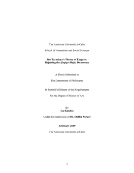 1 the American University in Cairo School of Humanities and Social Sciences Ibn Taymiyya's Theory of Exegesis