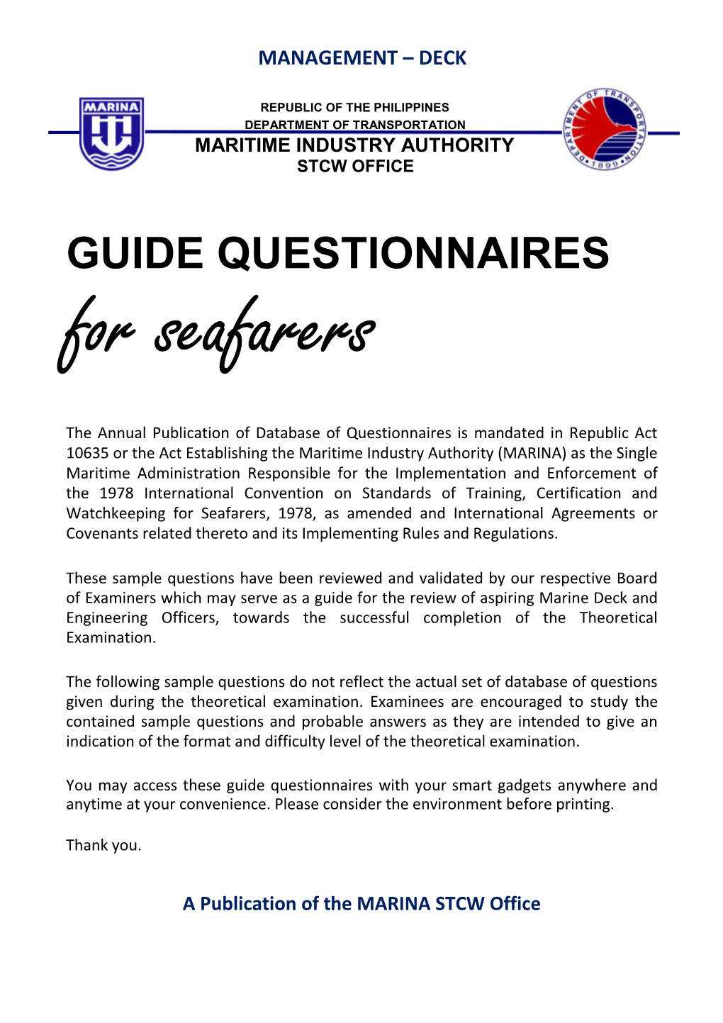 GUIDE QUESTIONNAIRES for Seafarers