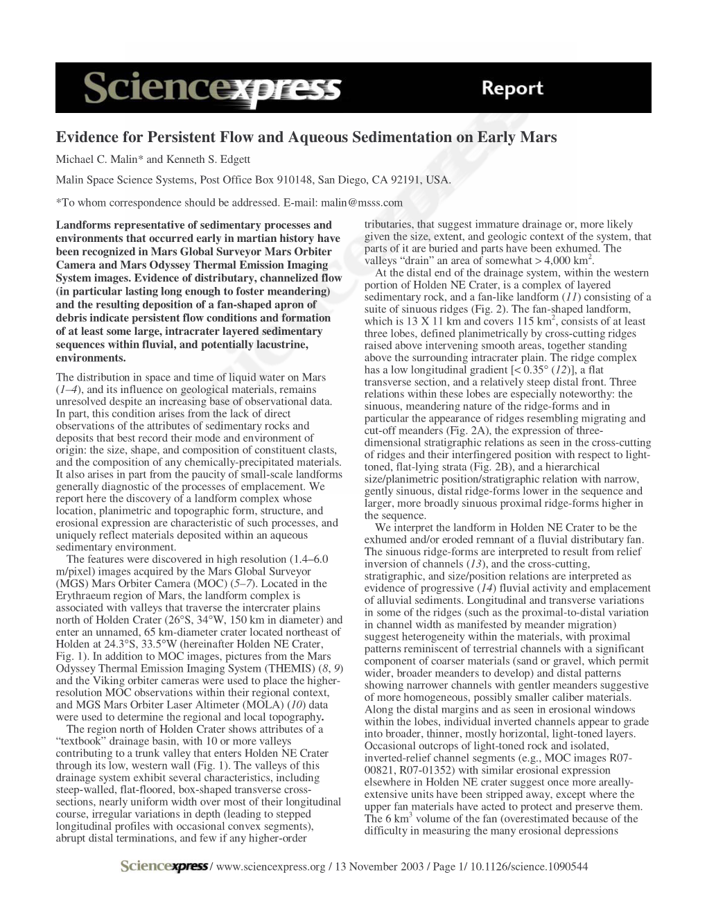 Evidence for Persistent Flow and Aqueous Sedimentation on Early Mars Michael C