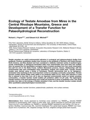 Ecology of Testate Amoebae from Mires in the Central Rhodope Mountains, Greece and Development of a Transfer Function for Palaeohydrological Reconstruction