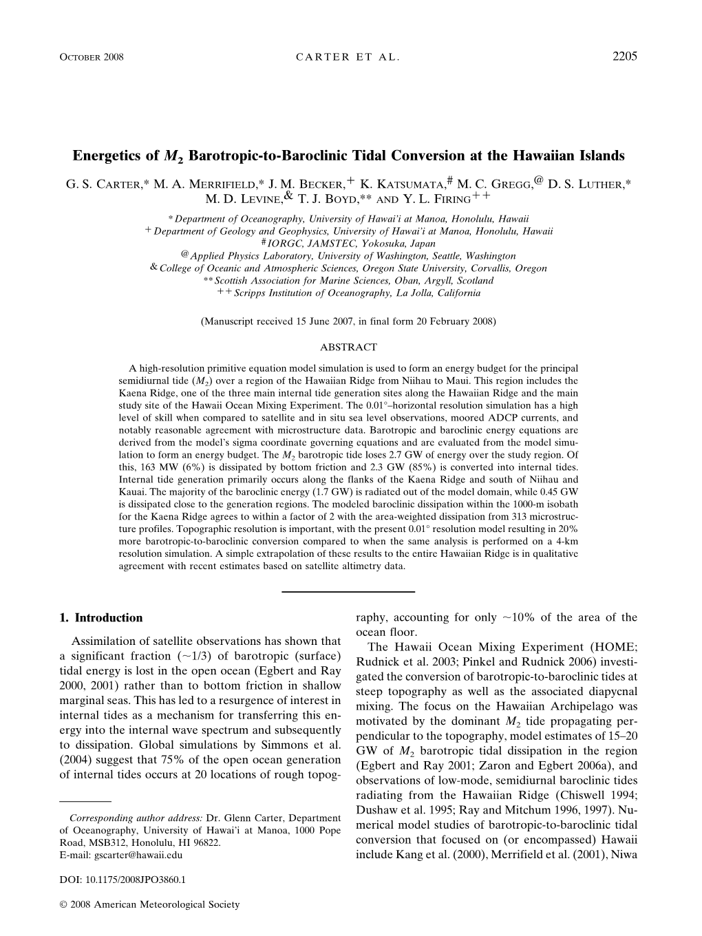 Energetics of M2 Barotropic-To-Baroclinic Tidal Conversion at the Hawaiian Islands � G