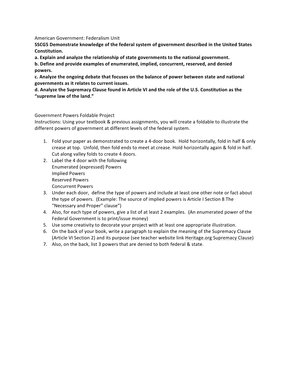 Federalism Foldable