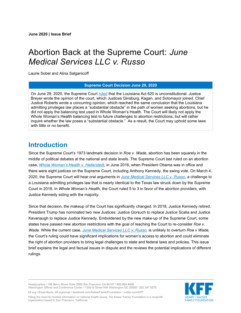 Abortion Back at the Supreme Court: June Medical Services LLC V. Russo