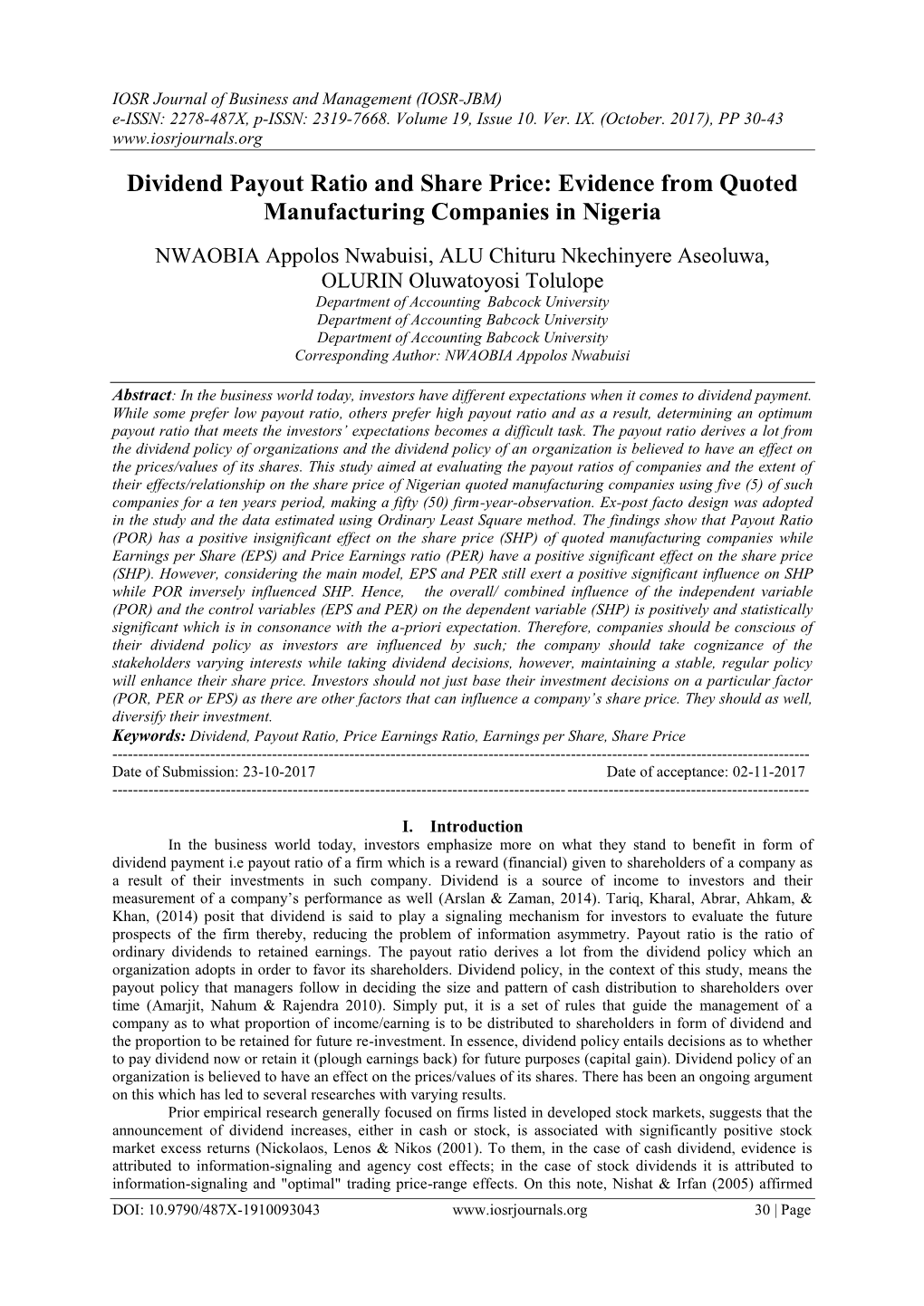 Dividend Payout Ratio and Share Price: Evidence from Quoted Manufacturing Companies in Nigeria