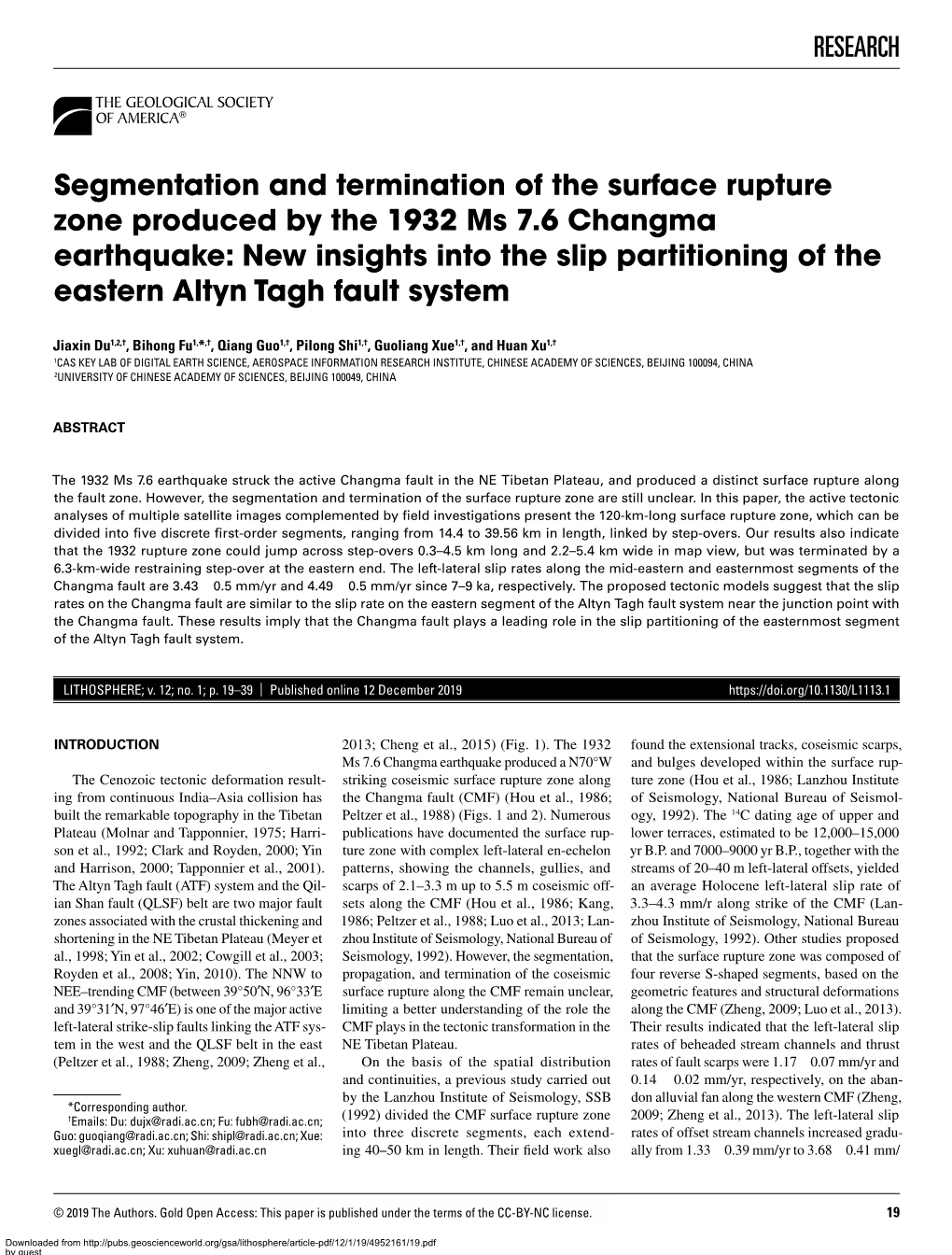 RESEARCH Segmentation and Termination of the Surface Rupture Zone Produced by the 1932 Ms 7.6 Changma Earthquake