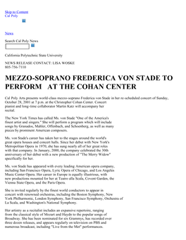 Mezzo-Soprano Frederica Von Stade to Perform at the Cohan Center