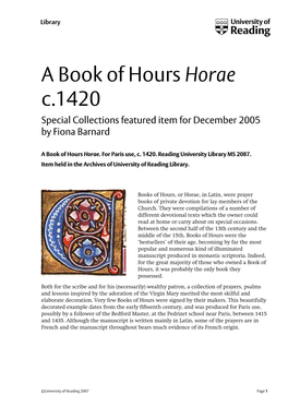 A Book of Hours Horae C.1420 Special Collections Featured Item for December 2005 by Fiona Barnard