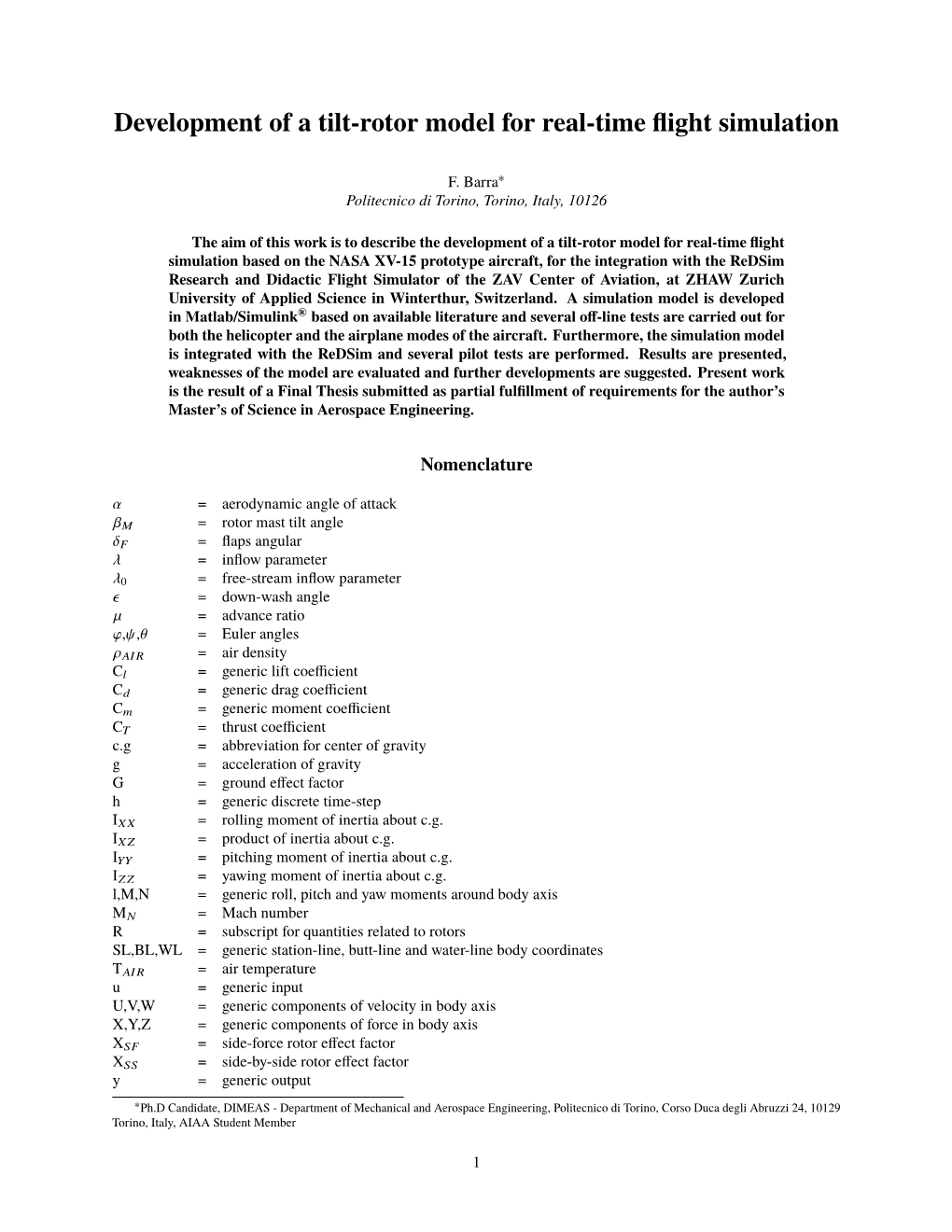 Development of a Tilt-Rotor Model for Real-Time Flight Simulation