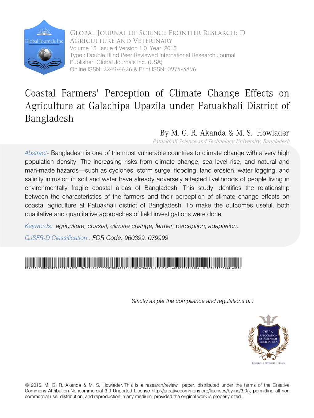 Coastal Farmers' Perception of Climate Change Effects on Agriculture at Galachipa Upazila Under Patuakhali District of Bangladesh by M