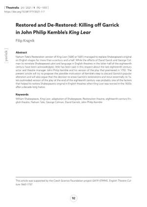 Killing Off Garrick in John Philip Kemble's King Lear