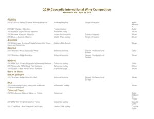 2019 Cascadia International Wine Competition Kennewick, WA April 09, 2019