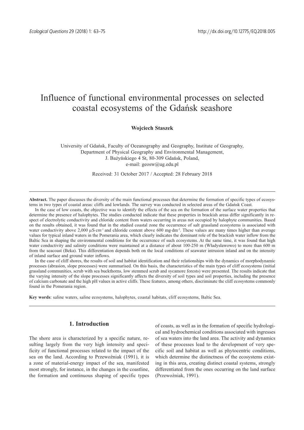 Influence of Functional Environmental Processes on Selected Coastal Ecosystems of the Gdańsn Seashore