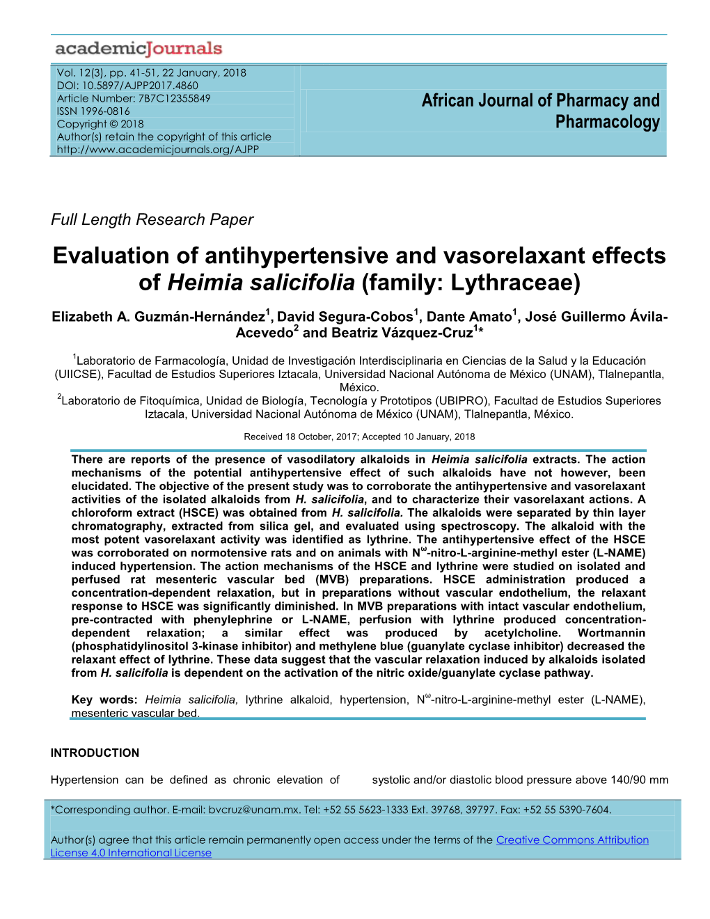 Evaluation of Antihypertensive and Vasorelaxant Effects of Heimia Salicifolia (Family: Lythraceae)