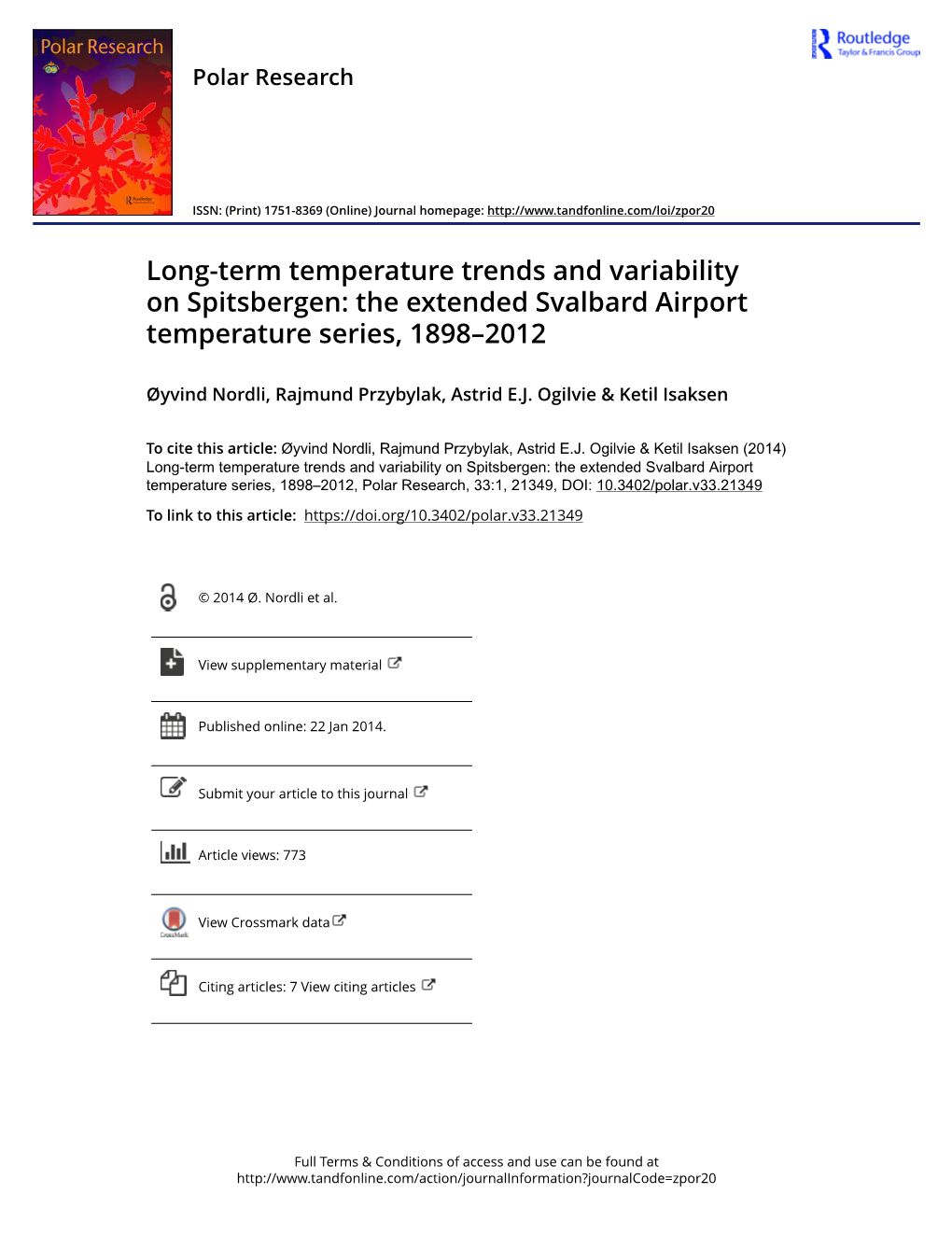 The Extended Svalbard Airport Temperature Series, 1898–2012