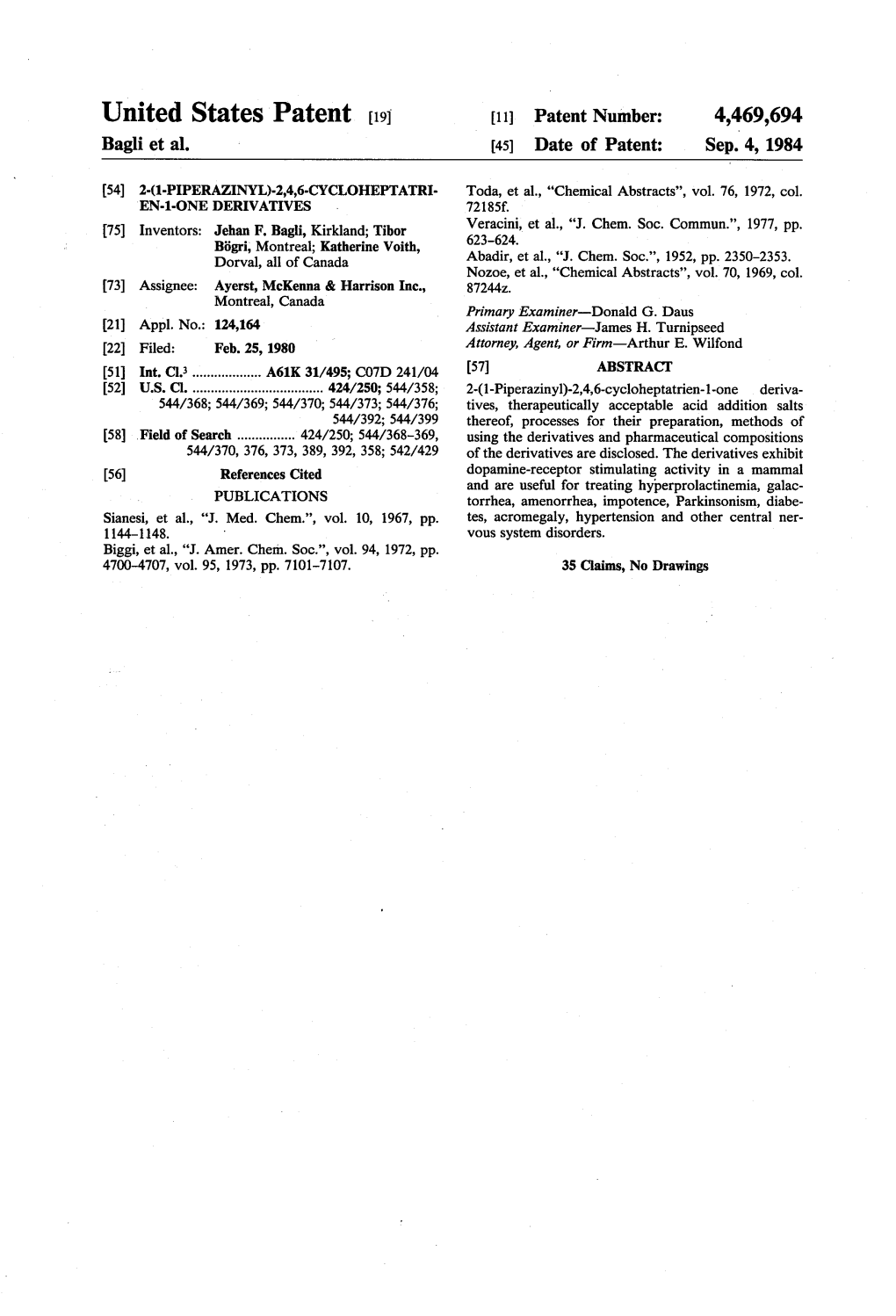 United States Patent (19) 11 Patent Number: 4,469,694 Bagli Et Al