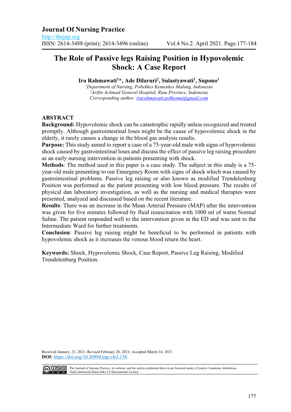 The Role of Passive Legs Raising Position in Hypovolemic Shock: a Case Report