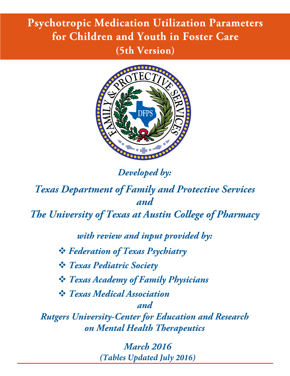 Psychotropic Medication Utilization Parameters for Children and Youth in Foster Care (5Th Version)