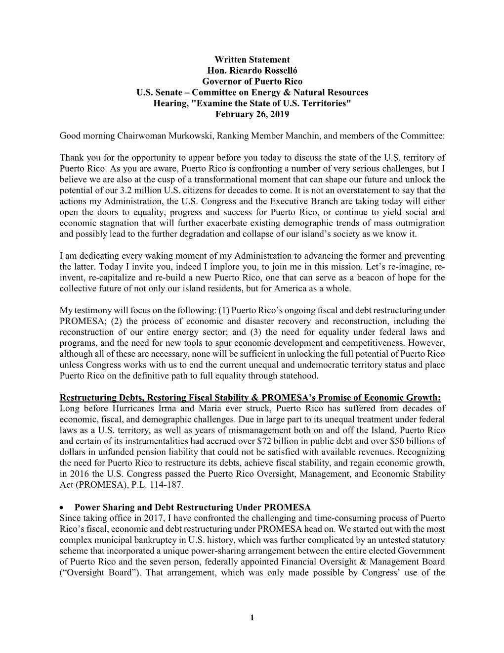 Written Statement Hon. Ricardo Rosselló Governor of Puerto Rico US Senate