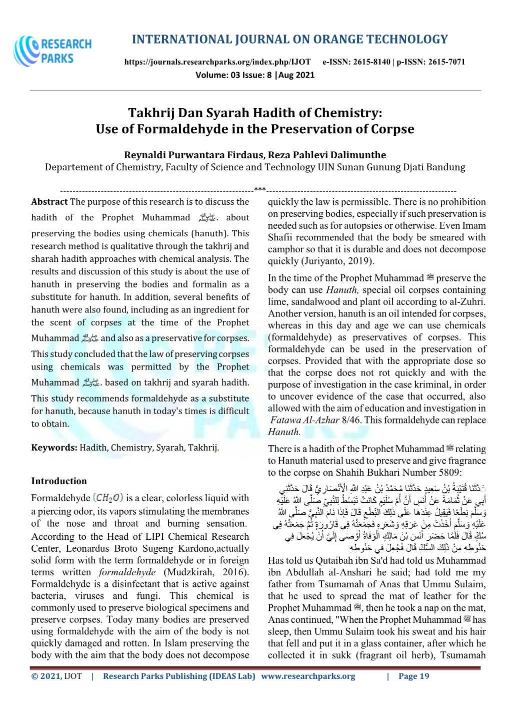 Takhrij Dan Syarah Hadith of Chemistry: Use of Formaldehyde in the Preservation of Corpse