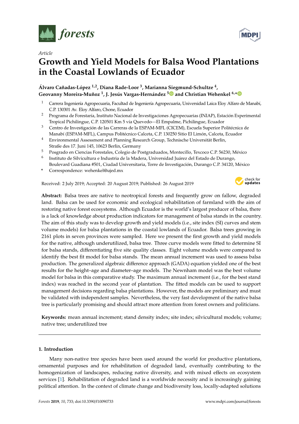 Growth and Yield Models for Balsa Wood Plantations in the Coastal Lowlands of Ecuador