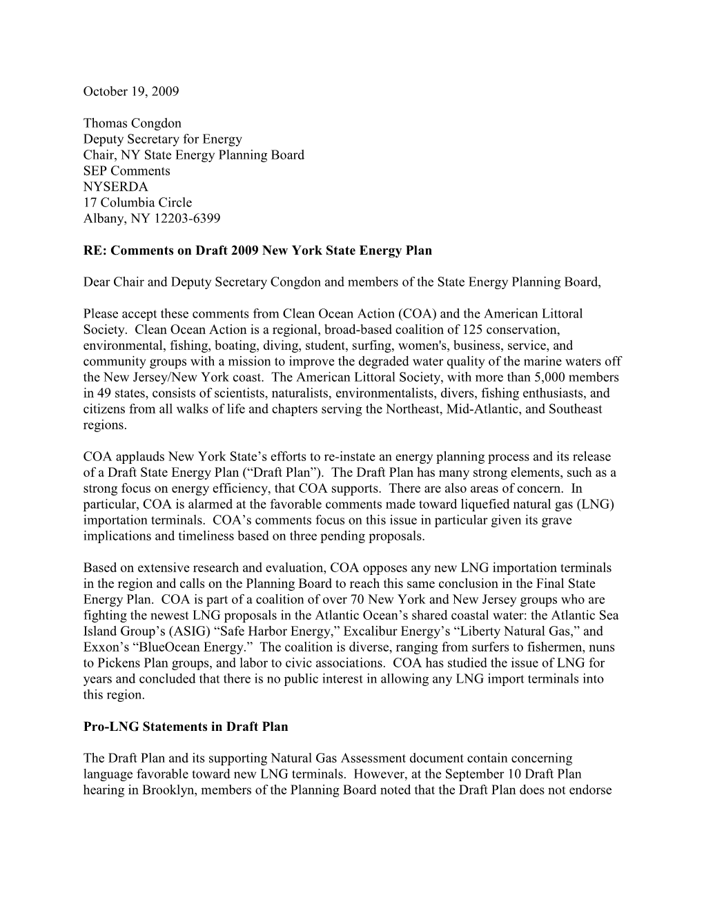 October 19, 2009 Thomas Congdon Deputy Secretary for Energy Chair