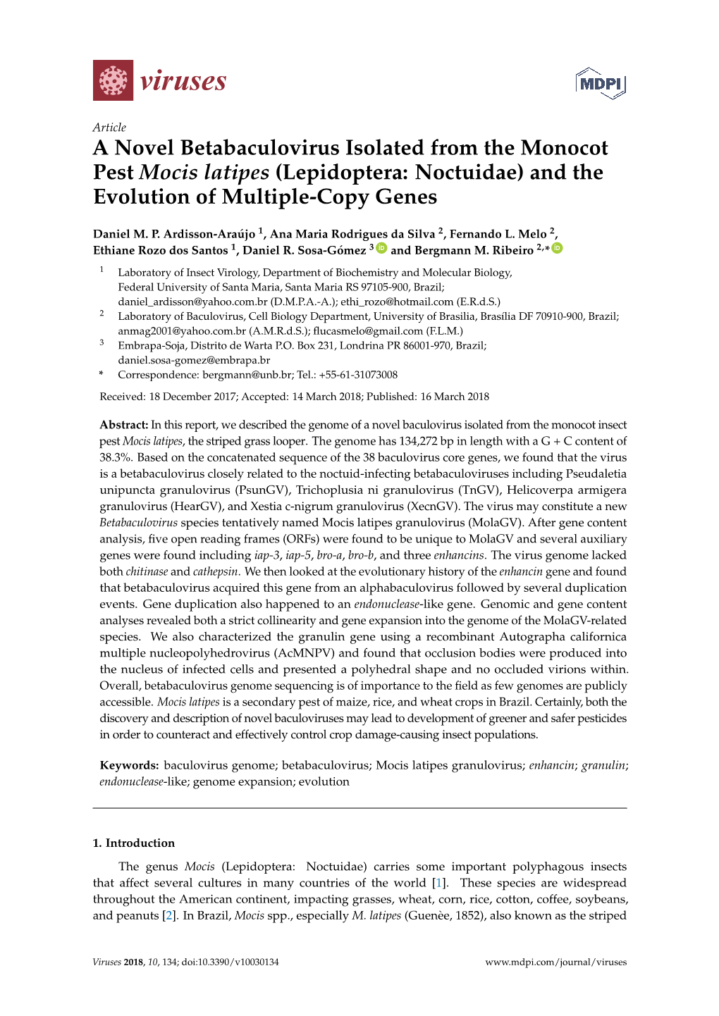 A Novel Betabaculovirus Isolated from the Monocot Pest Mocis Latipes (Lepidoptera: Noctuidae) and the Evolution of Multiple-Copy Genes