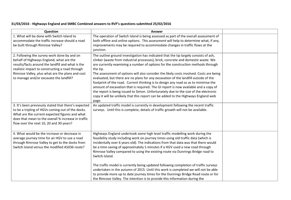 31/03/2016 - Highways England and SMBC Combined Answers to RVF’S Questions Submitted 25/02/2016