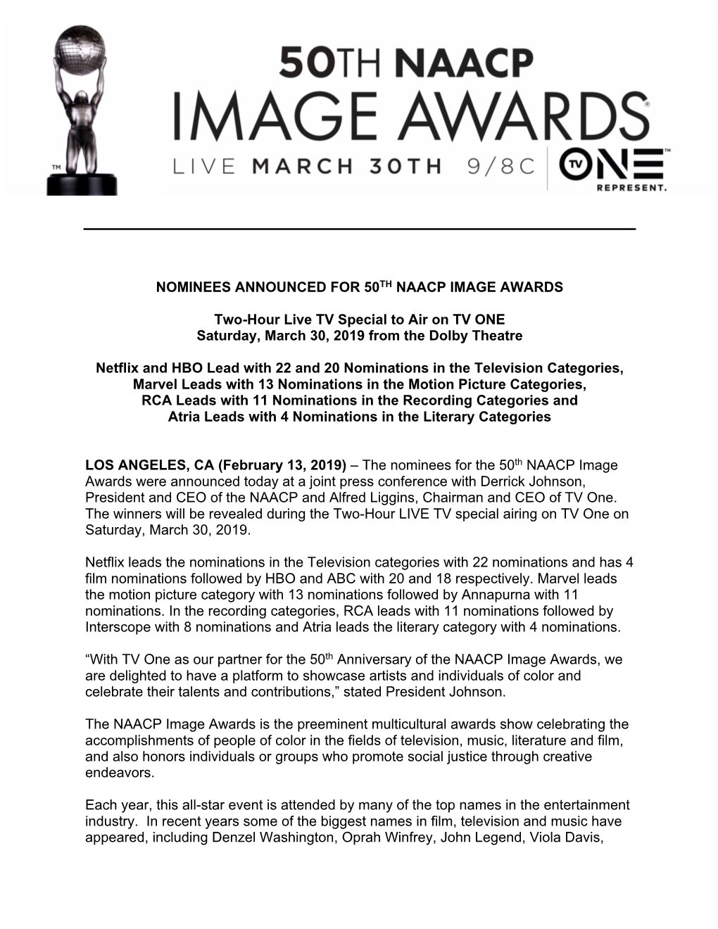 NOMINEES ANNOUNCED for 50TH NAACP IMAGE AWARDS Two