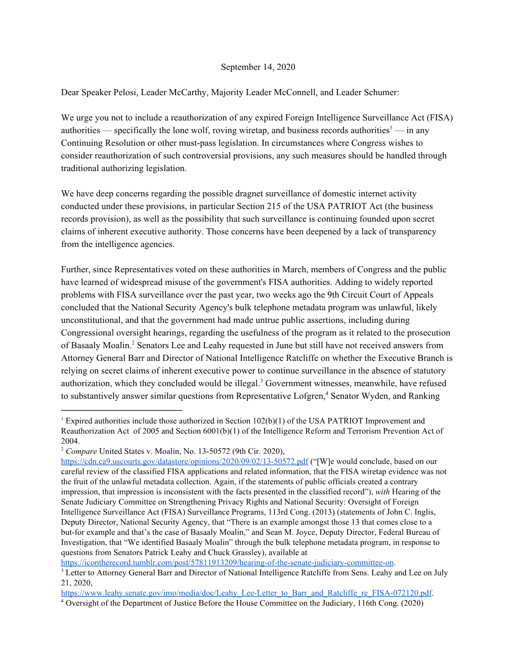 September 14, 2020 Dear Speaker Pelosi, Leader Mccarthy, Majority Leader Mcconnell, and Leader Schumer: We Urge You Not to Incl