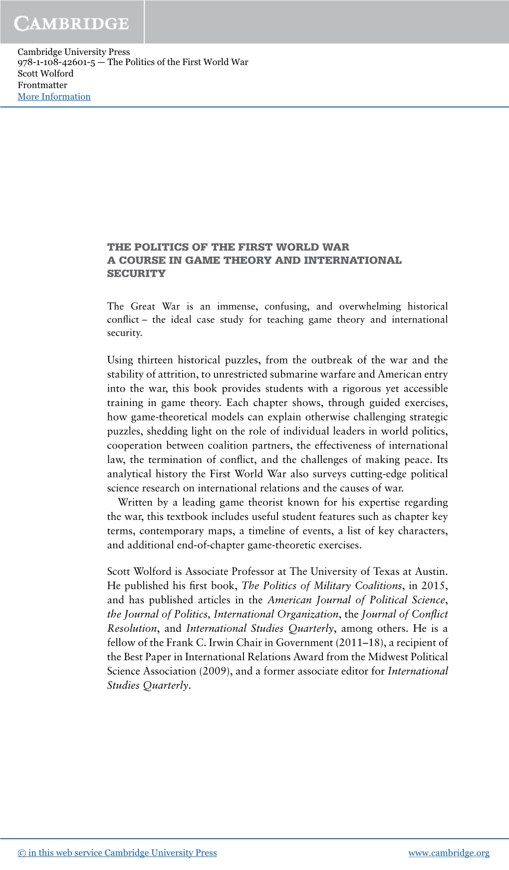 The Politics of the First World War a Course in Game Theory and International Security