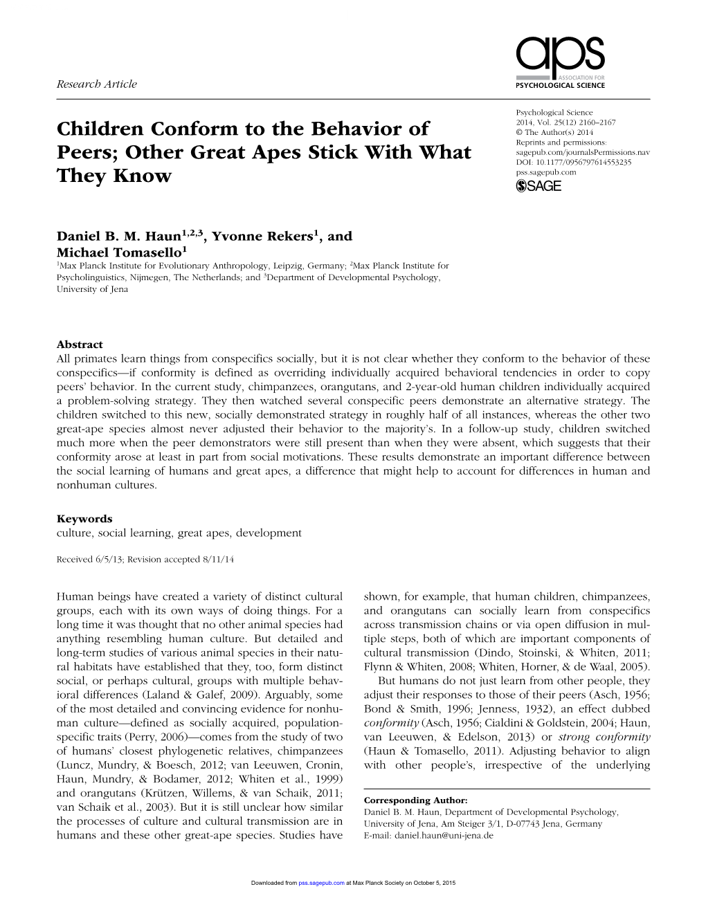 Children Conform to the Behavior of Peers; Other Great Apes Stick With