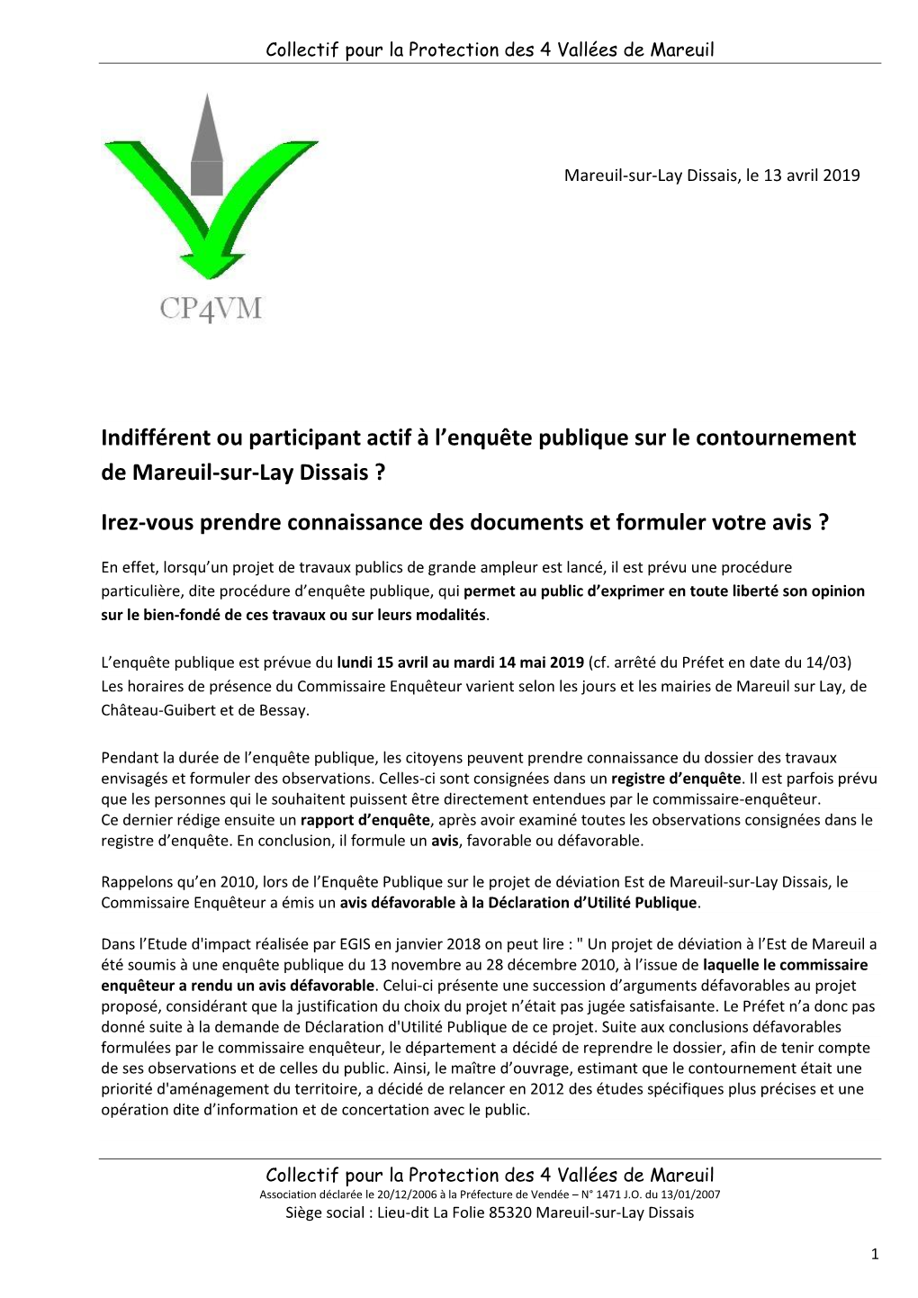 Indifférent Ou Participant Actif À L'enquête Publique Sur Le Contournement De Mareuil-Sur-Lay Dissais ? Irez-Vous Prendre C