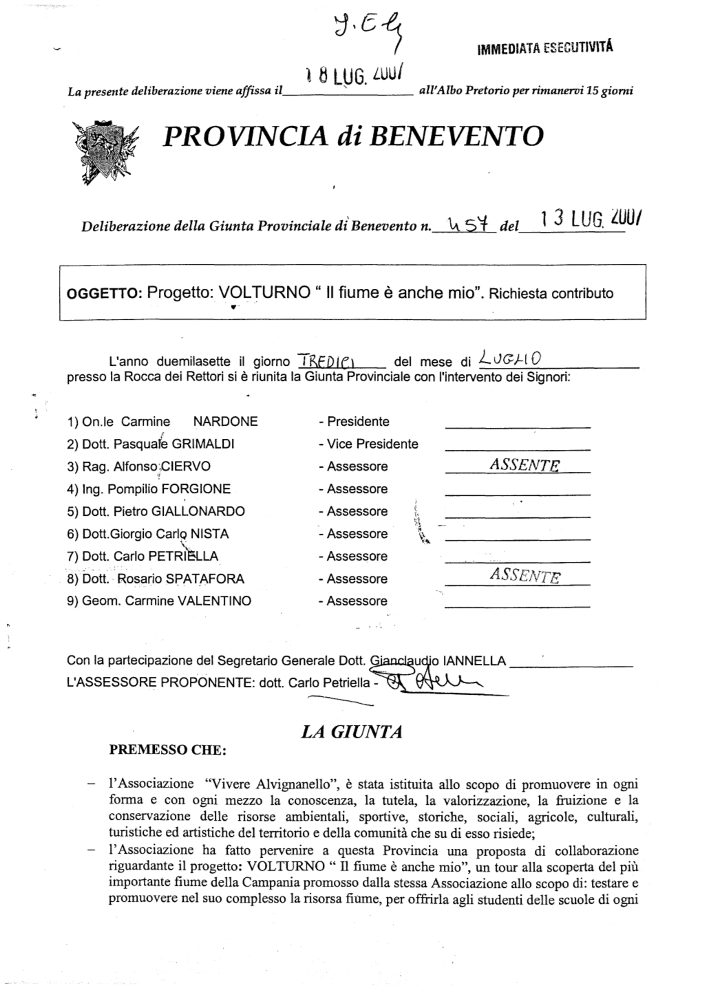 La Giunta Provinciale Di'benevento N.""- 5'4 Del 1 3 LUG