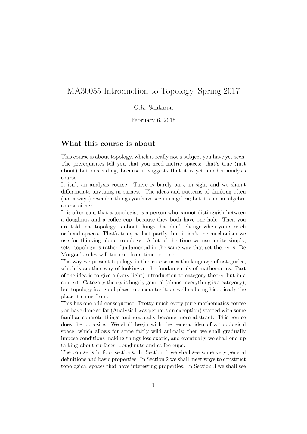 MA30055 Introduction to Topology, Spring 2017