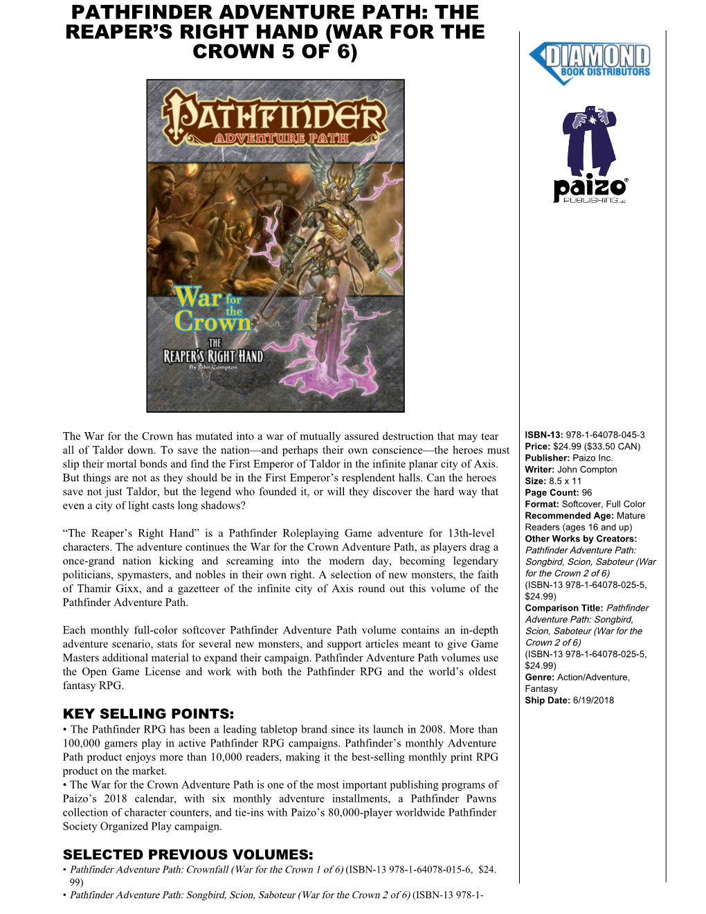 Pathfinder Adventure Path: the Reaper’S Right Hand (War for the Crown 5 of 6)