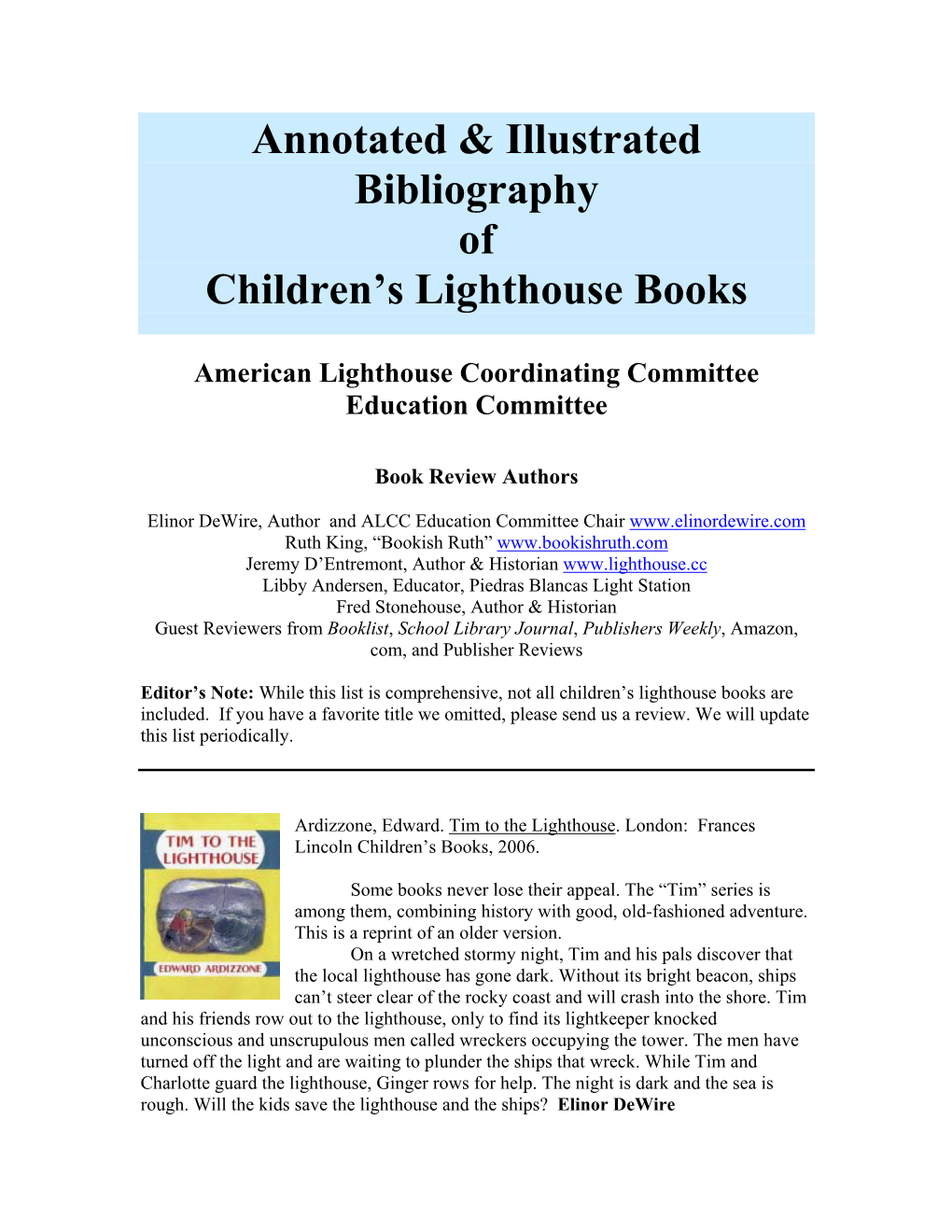 Annotated & Illustrated Bibliography of Children's Lighthouse Books