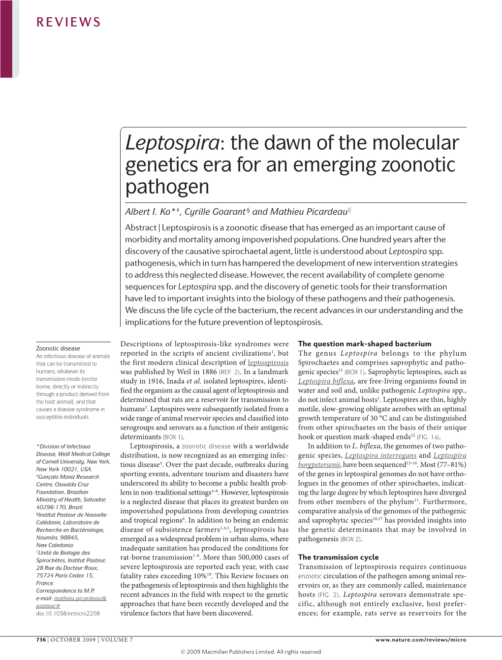 Leptospira: the Dawn of the Molecular Genetics Era for an Emerging Zoonotic Pathogen