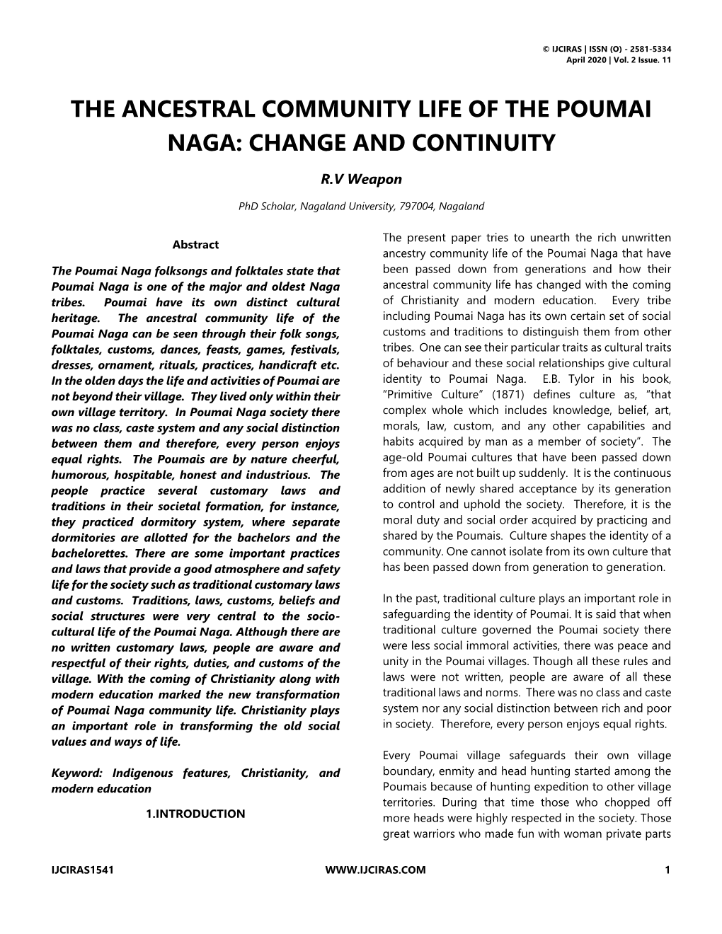 The Ancestral Community Life of the Poumai Naga: Change and Continuity