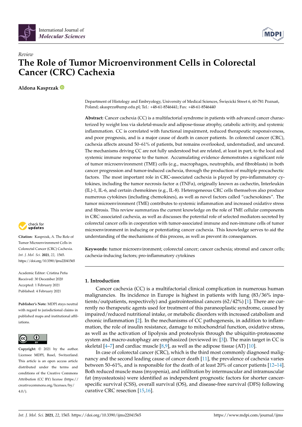 The Role of Tumor Microenvironment Cells in Colorectal Cancer (CRC) Cachexia