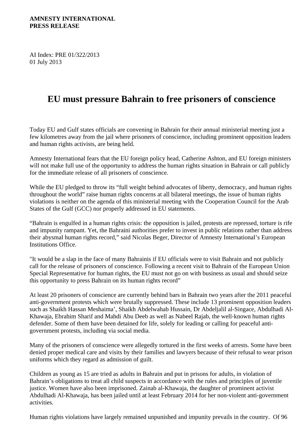 EU Must Pressure Bahrain to Free Prisoners of Conscience