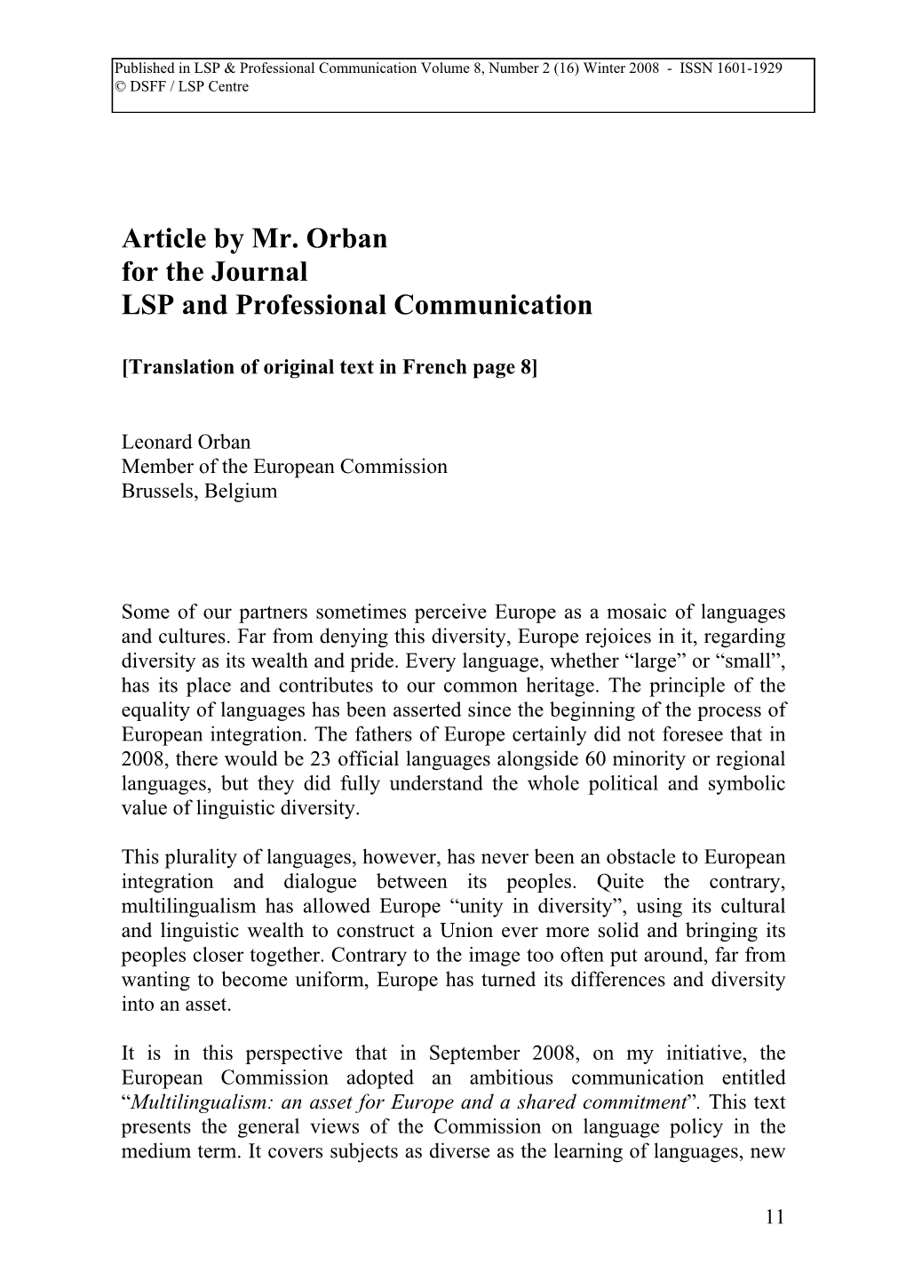 Article by Mr. Orban for the Journal LSP and Professional Communication