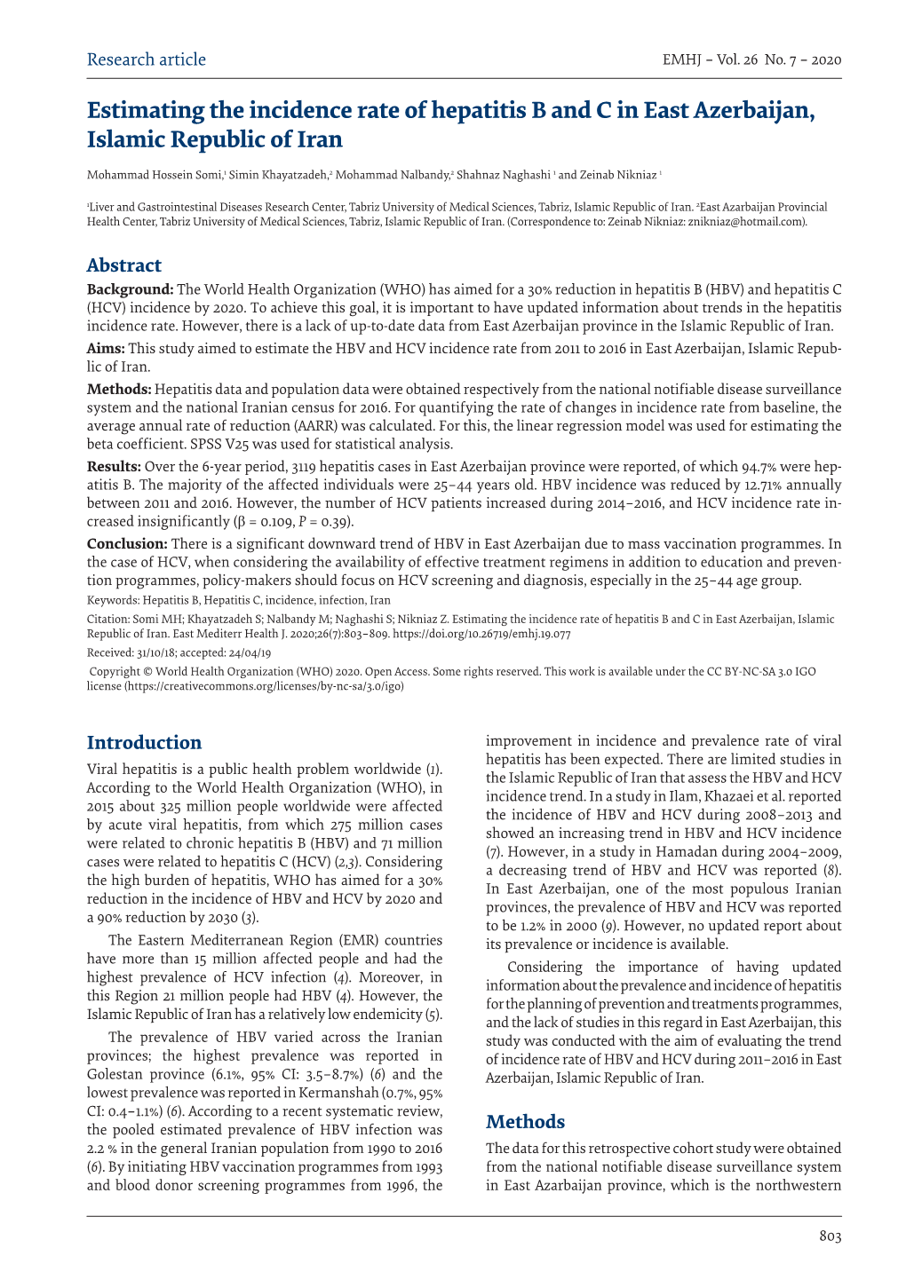 Estimating the Incidence Rate of Hepatitis B and C in East Azerbaijan, Islamic Republic of Iran