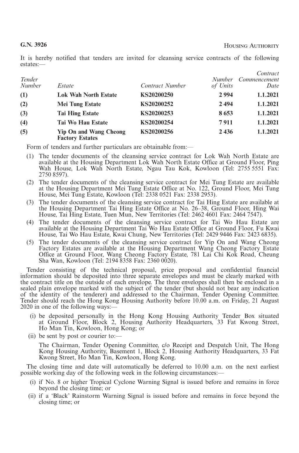 G.N. 3926 Housing Authority It Is Hereby Notified That Tenders Are