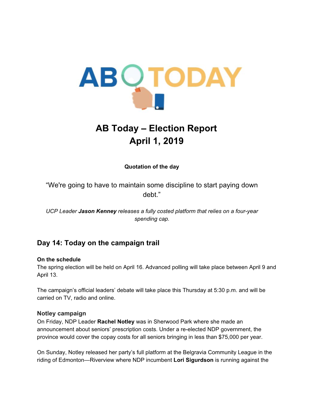 AB Today – Election Report April 1, 2019