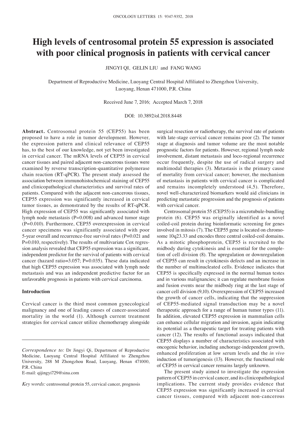 High Levels of Centrosomal Protein 55 Expression Is Associated with Poor Clinical Prognosis in Patients with Cervical Cancer